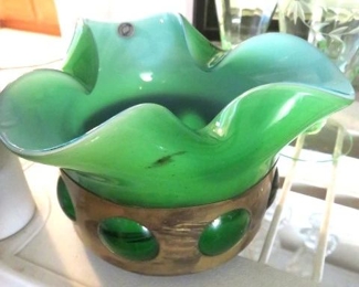 Vintage Blown Green Glass Bowl Mexico