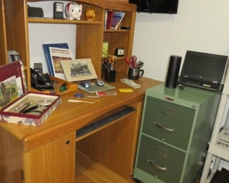 Office Desk/Green Metal File Cabinet