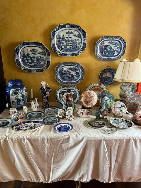Collection of antique blue plates....more