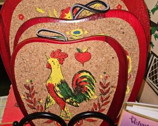 PA Dutch Hot Pad Vintage Wooden Cork Rooster Apple Trivets!