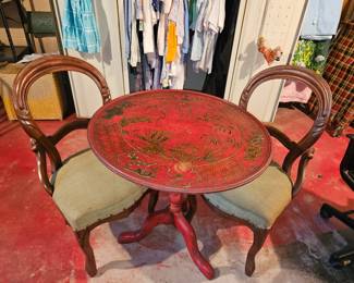 Ornate Oriental Vtg Red Table  & Vtg parlor Chairs Set Of 3!
