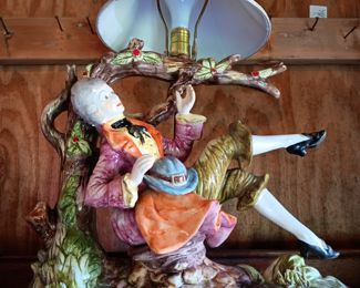 Capodimonte "Man on a Swing" porcelain Italian table lamp in pristine condition.