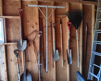 Landscape rake; 5-tine compost pitch fork; Steel garden rake; Lawn rake; 4-tine spading garden fork; 3-tine hay pitch fork; assorted shovels
