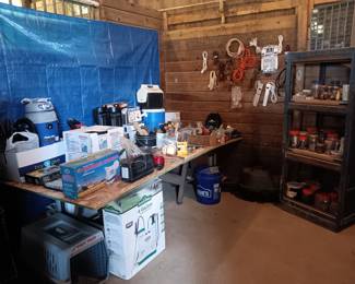 Wide selection of power and hand tools; numerous containers of nuts, bolts, screws, gate hardware; space heaters; fans; electrical supplies; shop vacs