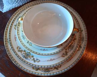 Noritake Savona china place setting showing double handled soup bowl and dinner, luncheon, bread plate.  12 place settings.  Numberous serving pieces.