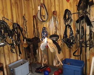 Horse saddles, bridles, reins, girths, leads, harnesses; horse exercise balls; collar