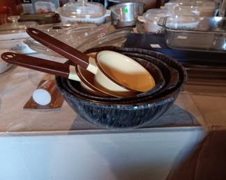 Enamel pans and Melamine bowls; Pyrex bakeware