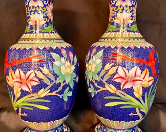 BEAUTIFULLY PAIRED AND DECORATED CLOISONNE VASES/URNS