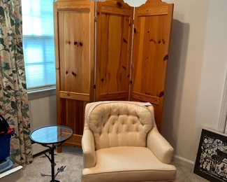 Knotty Pine Panels, Iron Bird Table & Club Chair