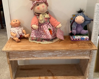 Wood Bench & Stuffed Animals