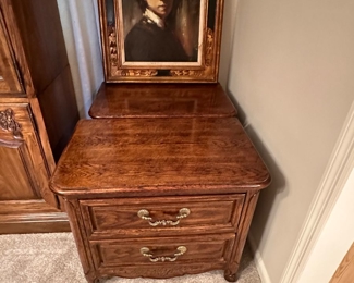 Oak & Brass Night Stands & Oil on Canvas by E. Hollis