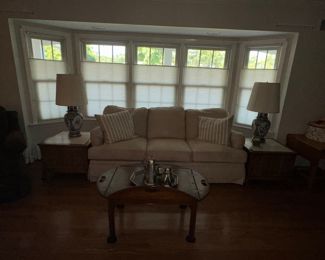 Bassett Ultra Suede Sofa & 2 Marble Top End Tables