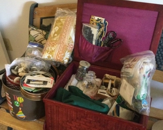Vintage Sewing Basket And Assortment Of Supplies