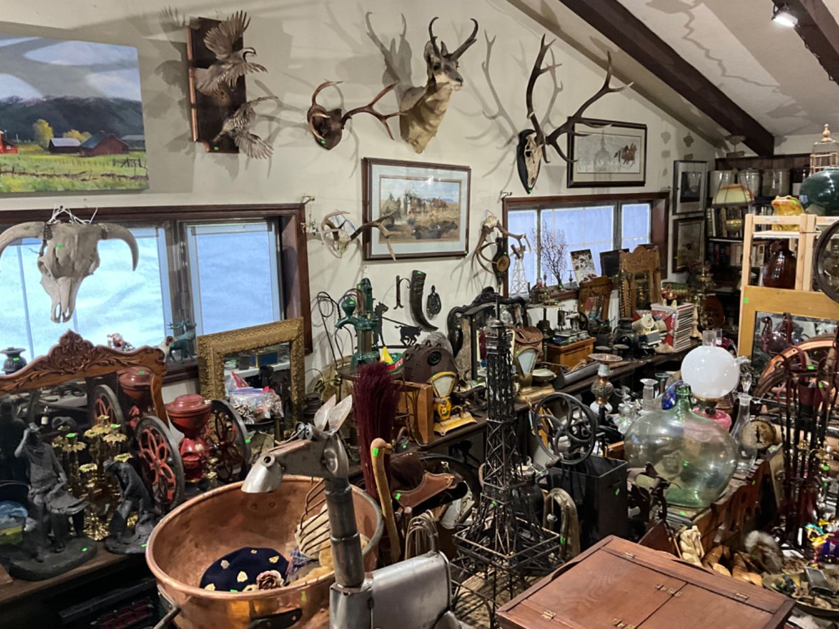 Family Room packed with primitives, taxidermy, glassware, books, antiques, artwork