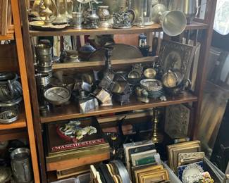 Assorted metal picture frames, hardware, tea sets, pitchers