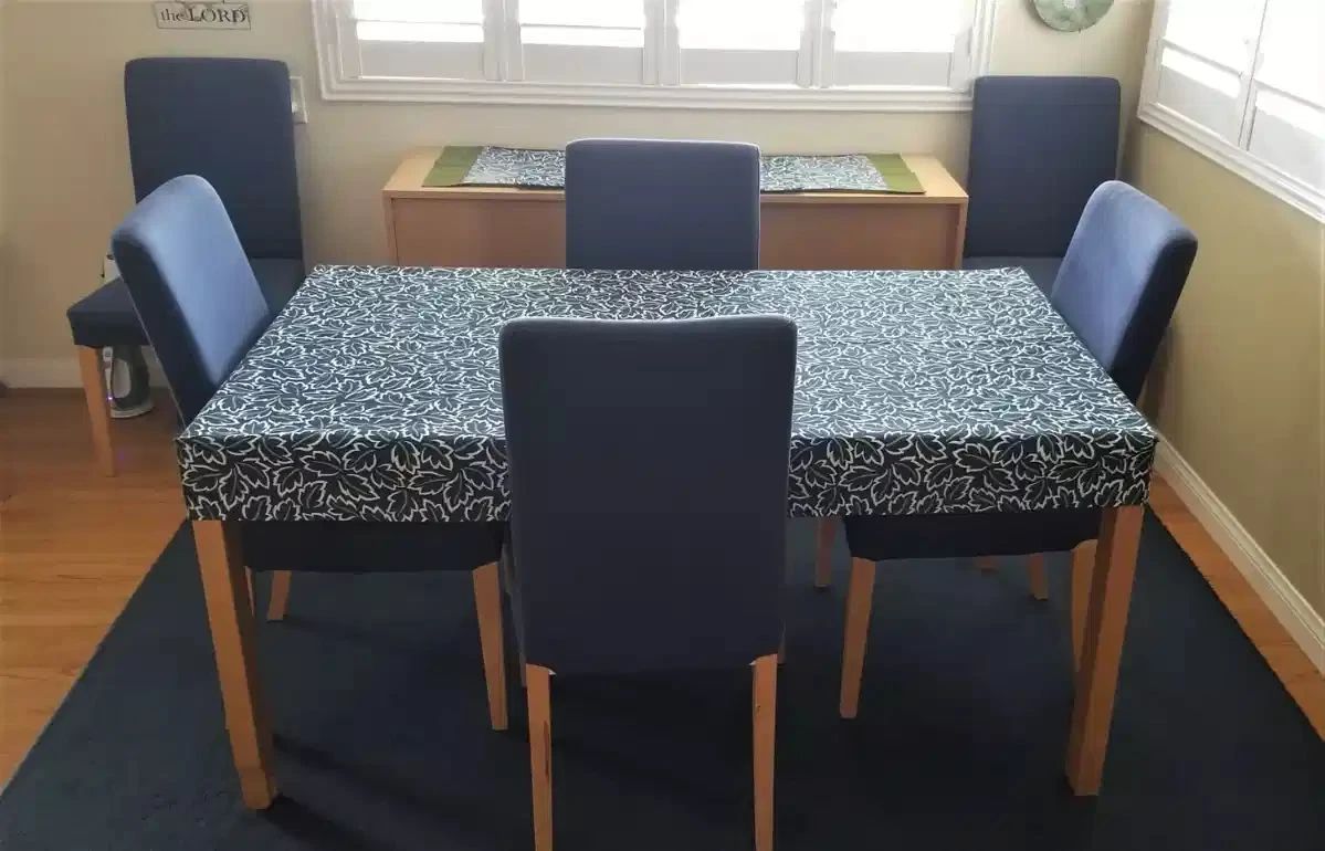 Kitchen/Dining Room Table with Sideboard/Credenza and 6 chairs.  It's a small to moderate size area and this fit very well.  If you have a smaller area, this may work very well for you as well.