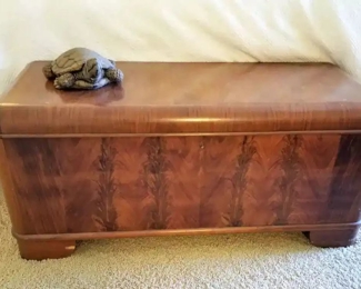 Circa 1930's, Art Deco style 'Hope Chest' in Burlwood and lined in Cedar within. Made by the Abernathy Furniture Company, in business from the mid-1800's to 1950.
