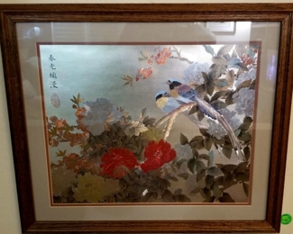 Chinese artwork which appears to be on metal, but is actually on paper. The colors are vibrant, has to be seen to fully appreciate this piece. Dimensions: 26 1/4" (w) x 22 1/4" (h)