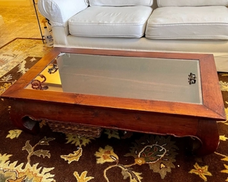 Mahogany shadow box table; custom glass top with antique pulls. W49"xD29.5"xH14.5" display case 4" deep