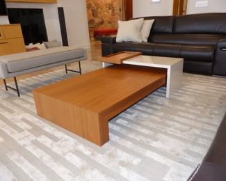 Designer modern cocktail table, contemporary area rug