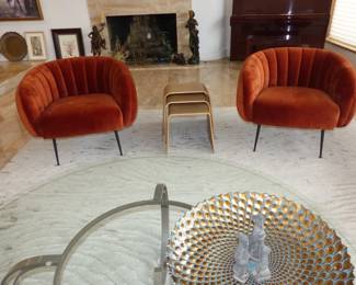Pair of modern orange fabric chairs & nesting side tables
