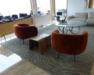 Pair of modern orange fabric chairs & nesting side tables Contemporary area rug