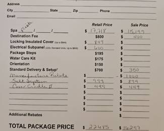 Receipt for the hot tub.  Paid $16000 a year ago.  We are selling it for $9000