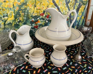Antique porcelain washbowl & pitcher and accessories