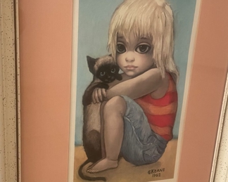 Margaret Keane vintage wide eye child and cat.  Margaret Keane is relative to this family. 