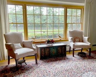 PAIR OF WING CHAIRS & ANTIQUE PAINTED FOLK ART CHEST 