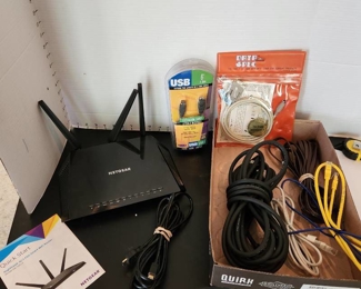 Netgear AC1750 router, USB & printer cables and extension cord