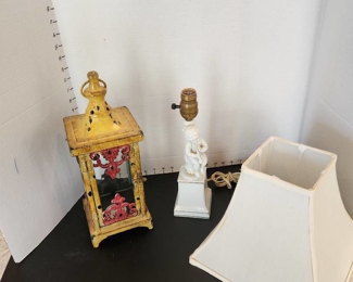 Lantern candleholder approx 14" tall , cherub lamp with shade