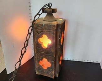 Vintage wooden hanging light approx 20"