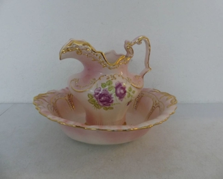 Vintage 1994 Arnel's Pottery Large Ewer and Basin - Pink/Gold/Roses