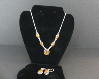 Amber S Hook Necklace & Pierced Earriing Set in Stamped 925 Settings - 18"