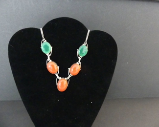 Red Coral & Green Chrysoprase (Apple Green Chalcedony) S Hook Clasp Necklace in Stamped 925 Setting - 20"