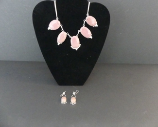 Rhodonite Lobster Claw Clasp Necklace and Dangle Earring Set in Stamped 925 Settings - 22"