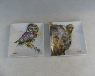 Signed (Dean) Crouser Big Sky Ceramics 7" Square Plates - Owl & Bear