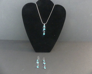 Tourmaline/Onyx Dangle Earrings & Pendant Set on 19" Spring Ring Clasp Stamped 925 Italy Chain - 5.7g