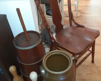 Vtg Butter Churn, Crock, Bowling Pins, Vtg Chair