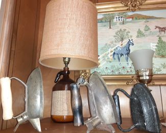 Jug Lamp & Antique Irons