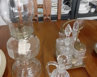 Hurricane Lamp, Vtg Vinegar Container. Vtg Condiment Set with Holder