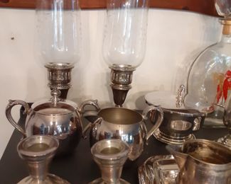 Pewter, Silver Weighted Candlesticks, Silverplate