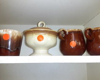 Brown Drip Mugs. Sugar Bowl