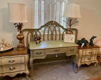 French Provincial night stands, headboard and desk, brass lamps and decor