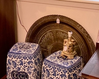 Blue and White oriental work and brass plate