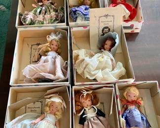Nancy Ann Storybook Dolls, with the boxes and booklets.