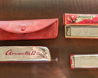 Vintage Harmonica's (3) - Hohner Chrometta 12, "1940's" M-Hohner "Old Standby", W. Kratt Pitch Pipe.