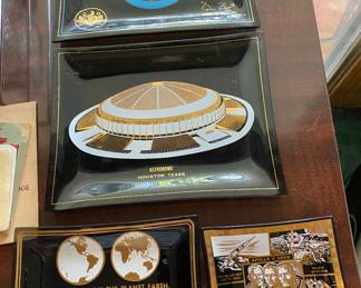 Top - 1961 Governor's Military Appreciation Dinner Glass Dish Souvenir. Astrodome Houston Texas. 1969 Moon Landing. July 20, 1969 Apollo 11 Crew glass plate.