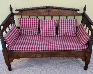 Antique Jenny Lind Style Spooled Wood Settee w/ Cushions